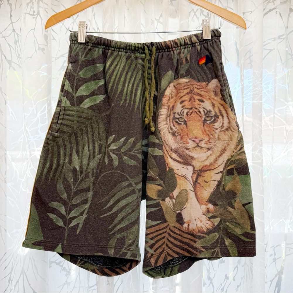 AVIATOR NATION GREEN ORANGE TIGER JUNGLE PRINT DRAWSTRING WAIST 5 STRIPE SHORTS
